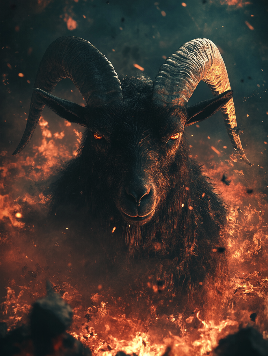 a goat in apocalypse with vakyries and demons, gods