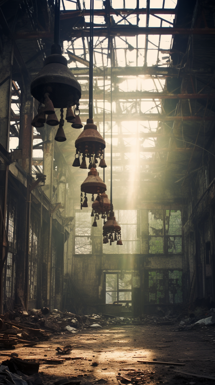 Abandoned factory with rusty hooks and broken windows