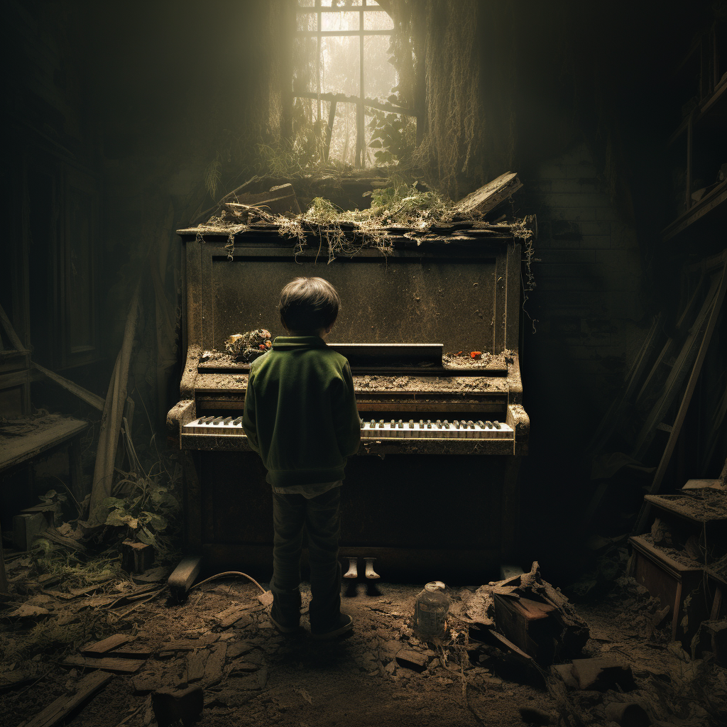 Creepy boy smiling under piano