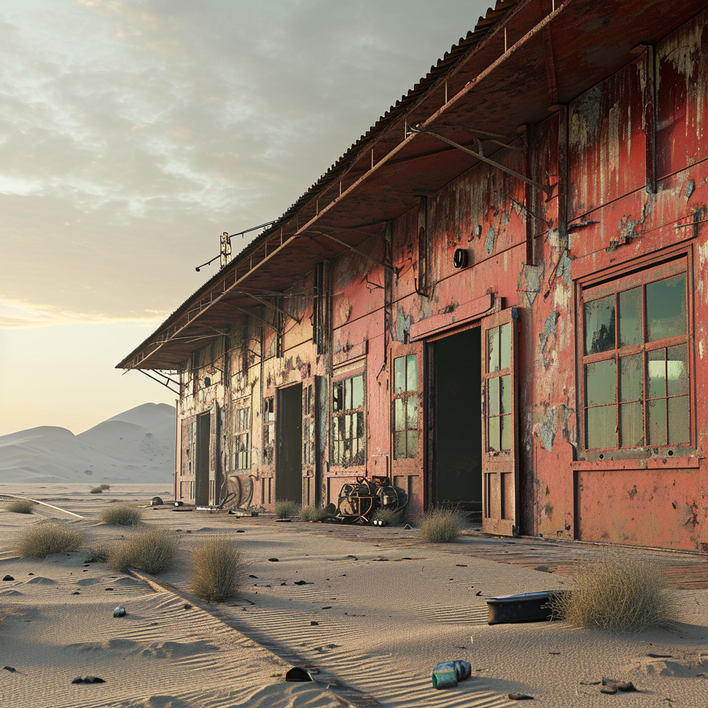 Rusted steel facade of abandoned railway station