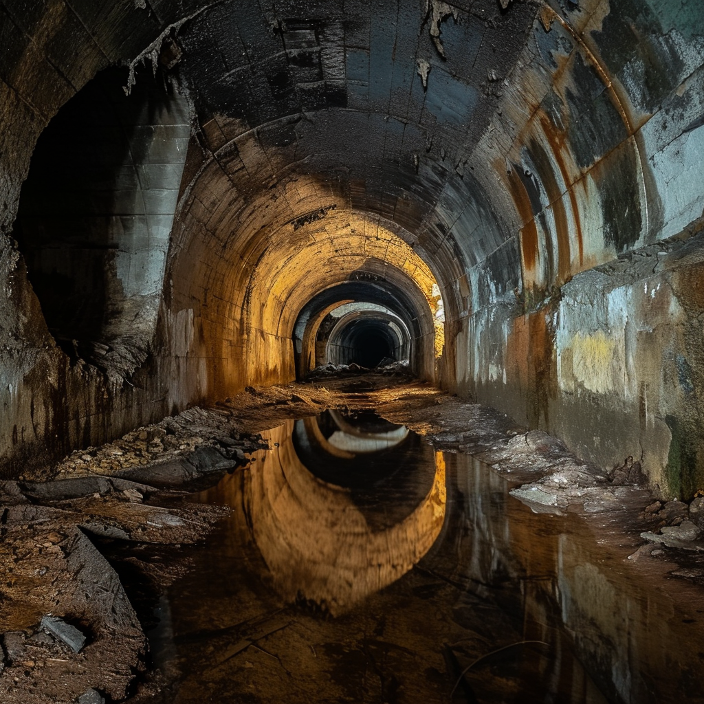 Abandoned underground tunnels at night exploration