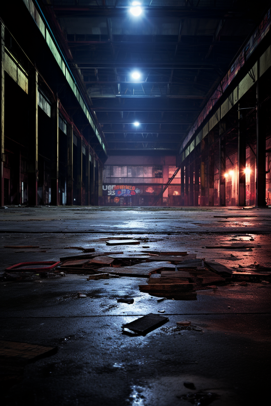 Abandoned warehouse interior at night with iconic presence