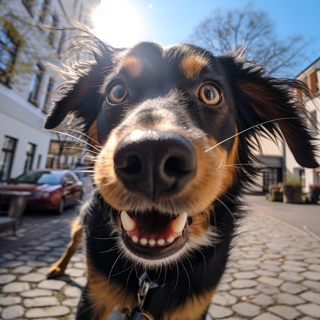 Cute Adachund dog on wide-angle lens