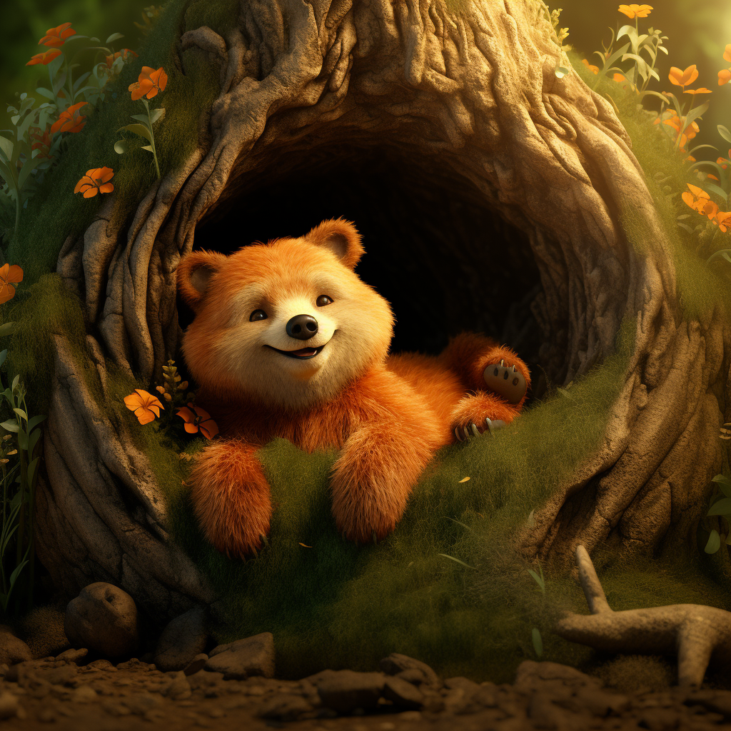 Sweetly sleeping orange animated bear in a tree hole