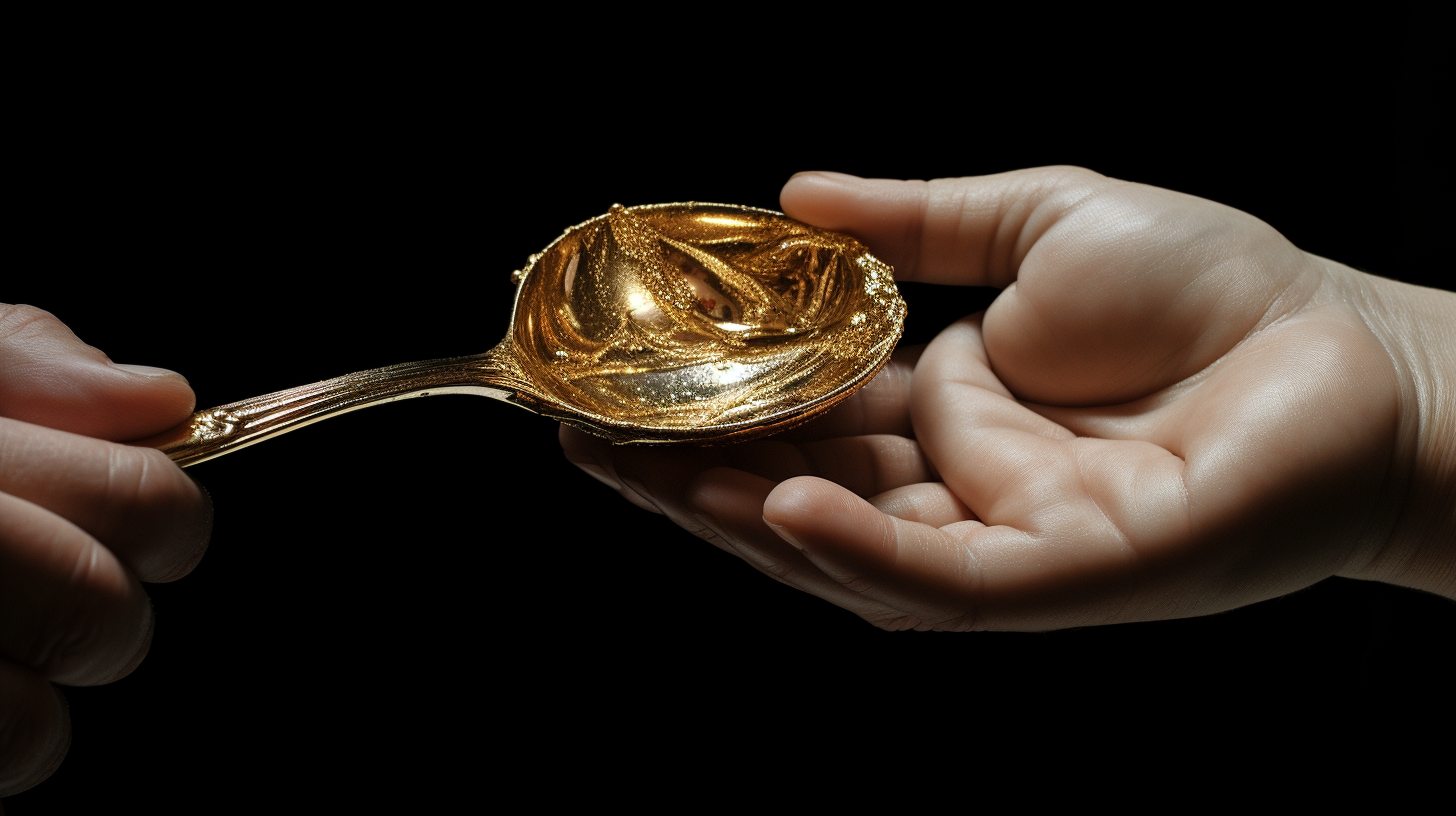 Adult hand giving gold spoon to baby