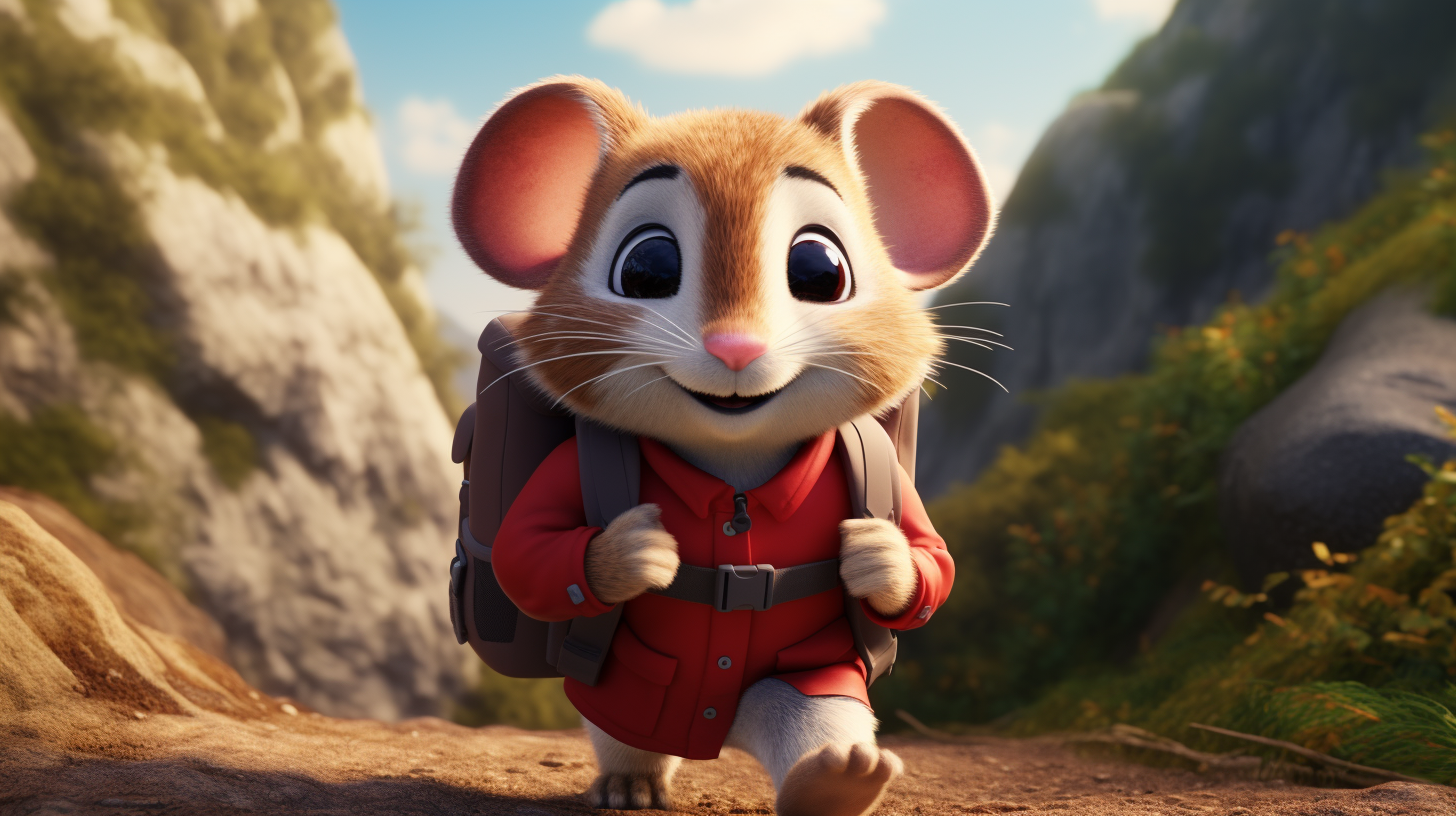 Adventurous mouse with red shirt and brown backpack