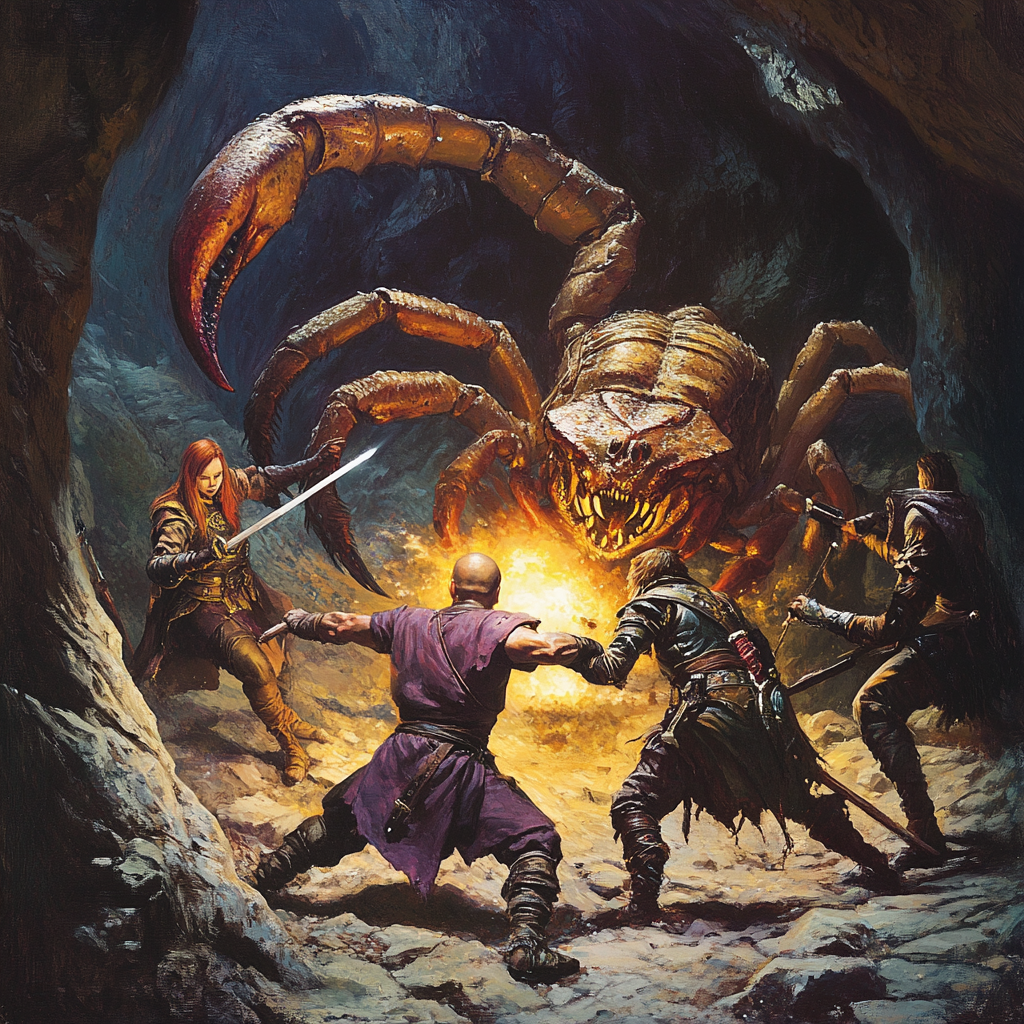 Group of adventurers fighting giant scorpion