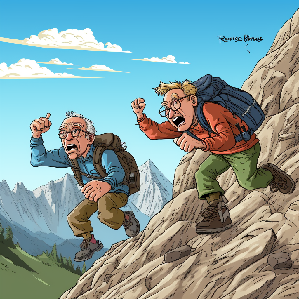 Two exhausted men attempting to climb a mountain