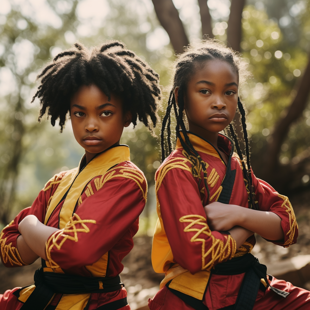 African American girls mastering martial arts poses