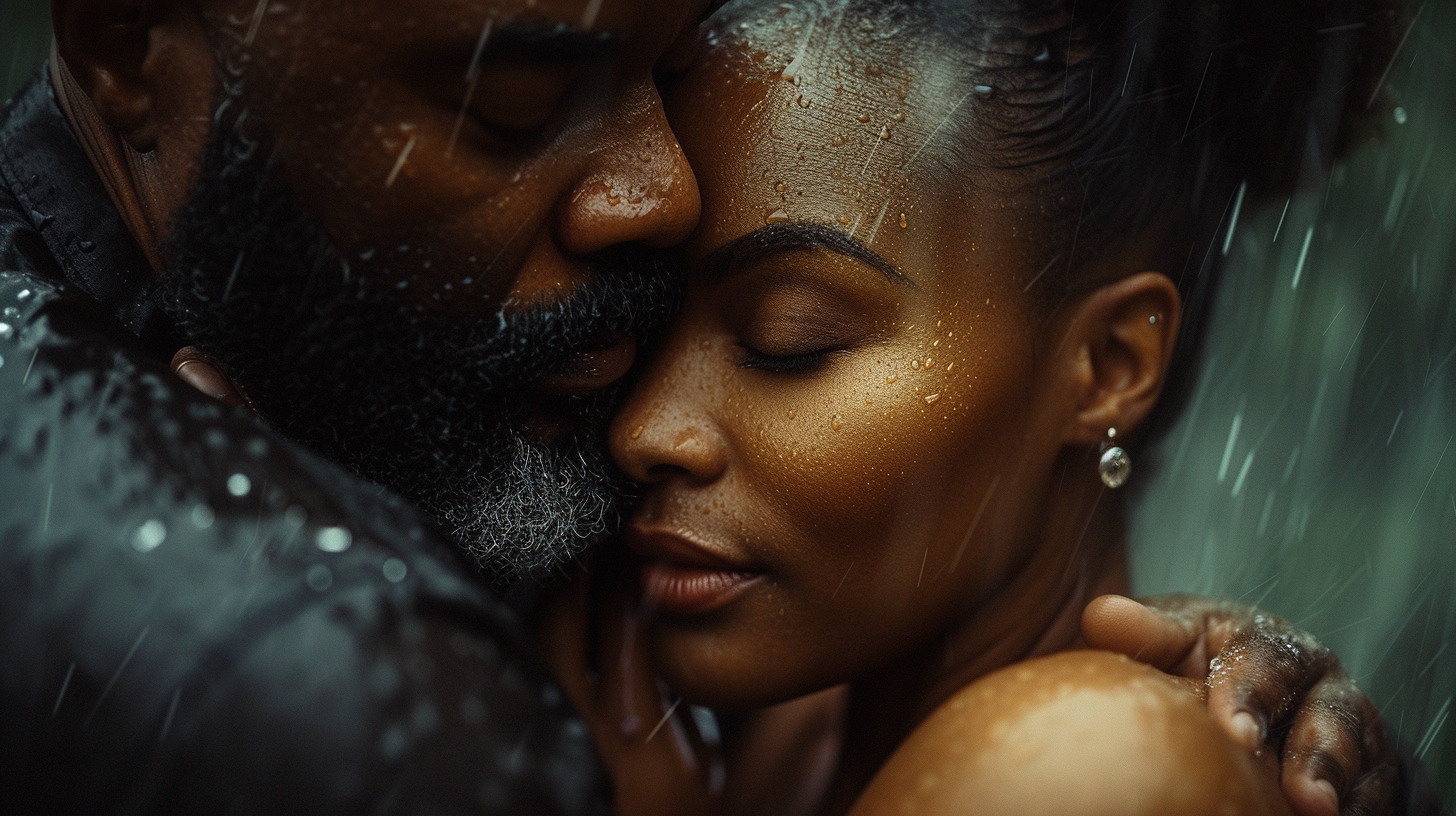 African American woman in rain reflection