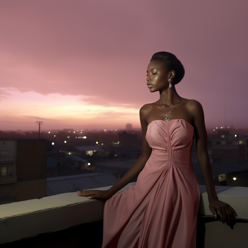 Young African woman in pink dress on rooftop