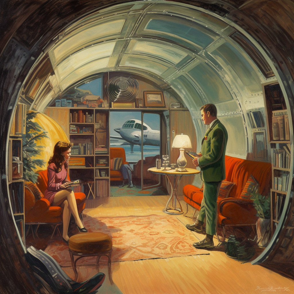 Airplane cabin living room with man selecting book