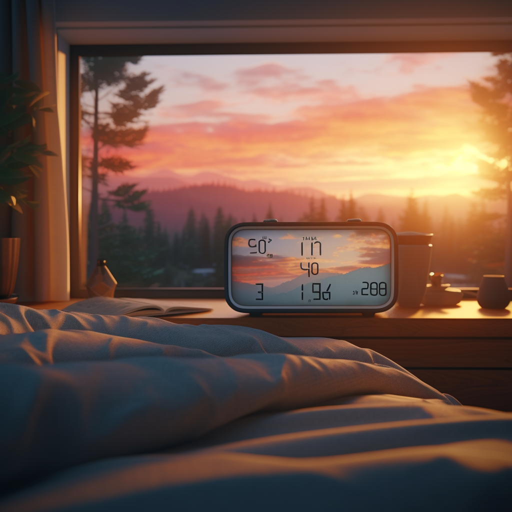 Digital alarm clock showing 7am time next to the bed with sunrise