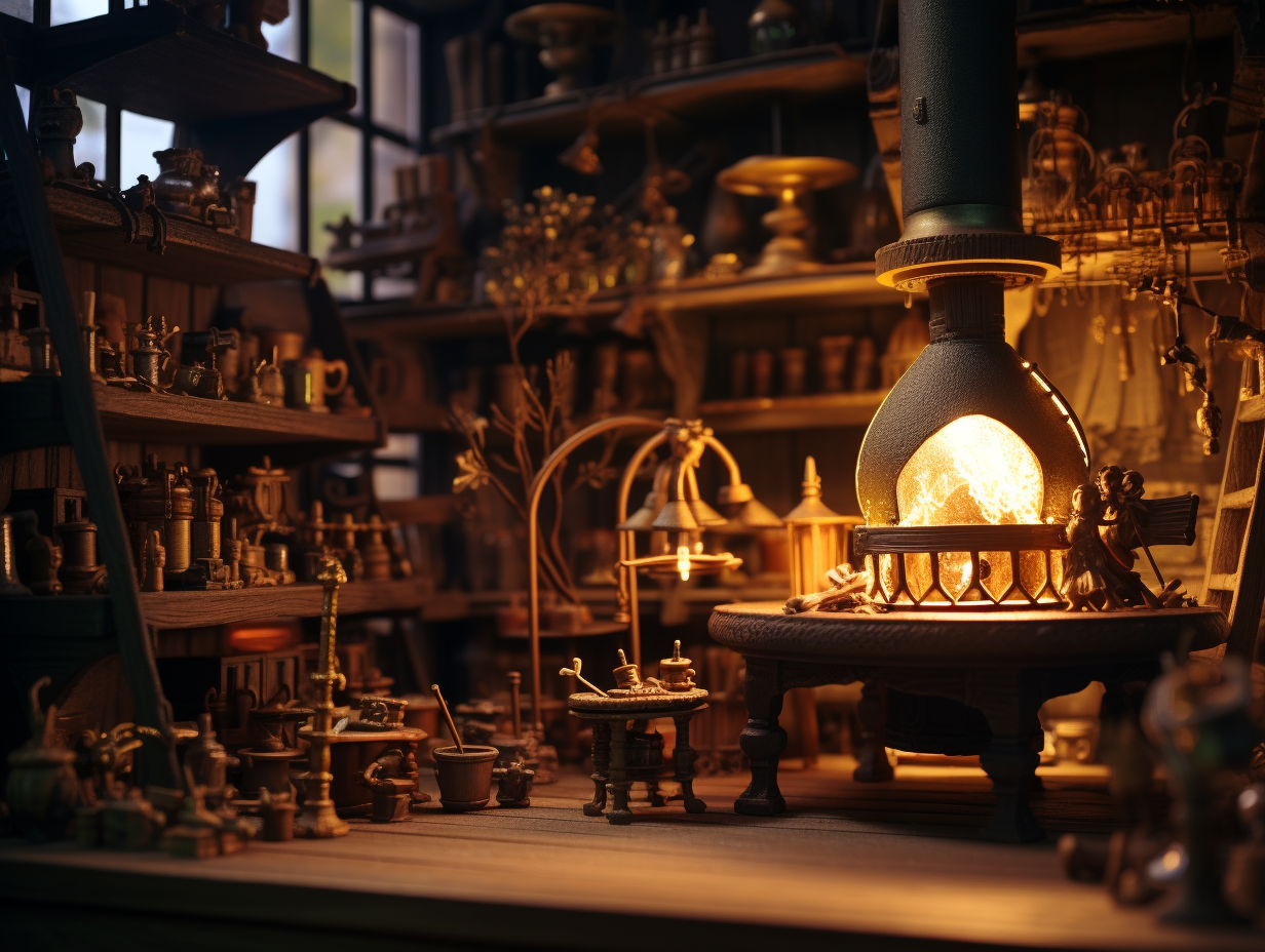 Inside view of alchemist's atelier with bookshelfs and laboratory equipment