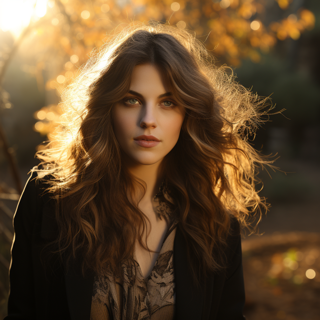 Alexandra Daddario with sparkling blue eyes walking in nature