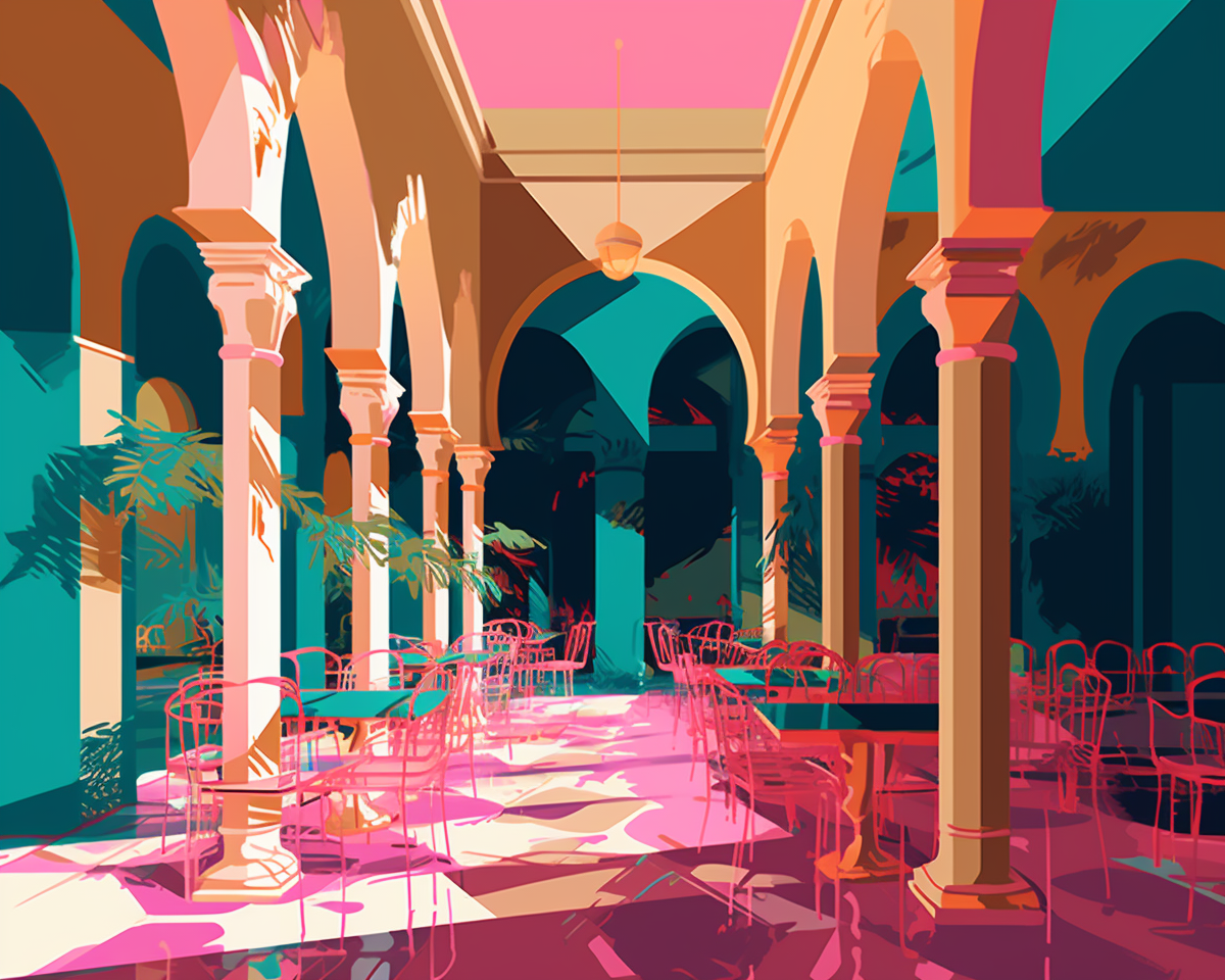 Colorful Alhambra Cafe Colonnade Illustration