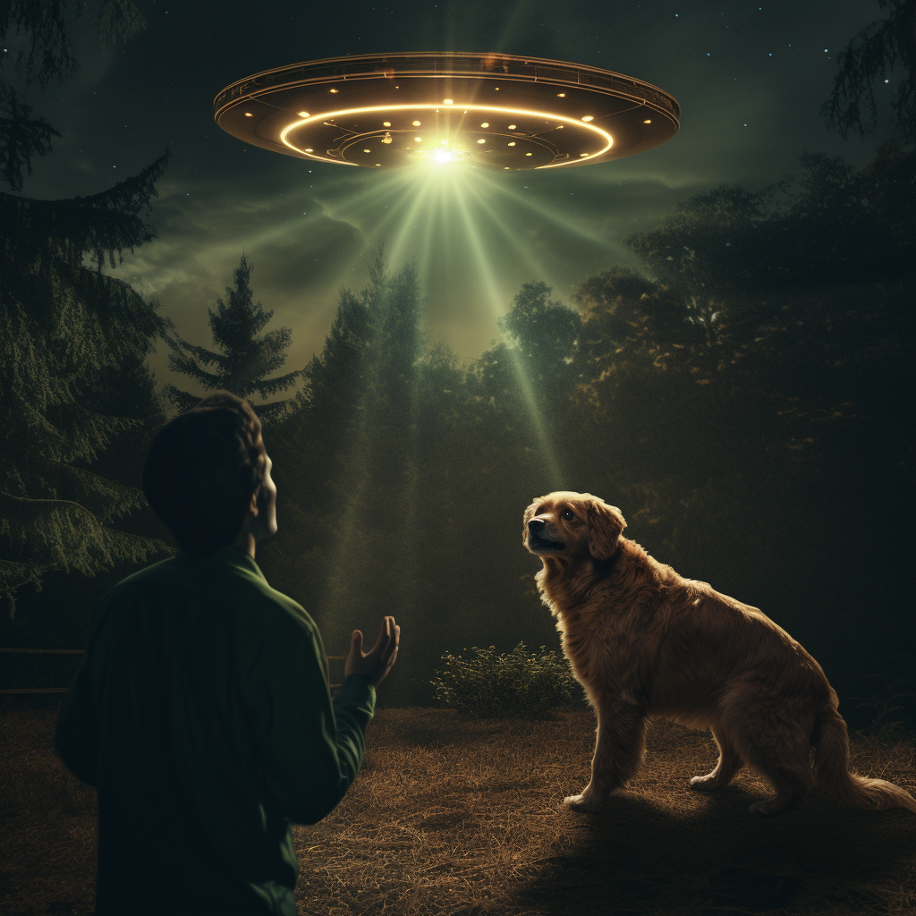 Golden retriever being abducted by aliens at night