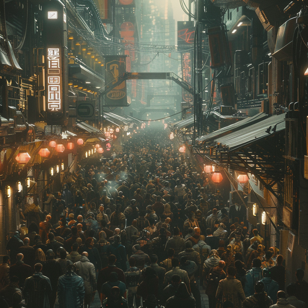 Crowded Street on Alien Cyberpunk Planet