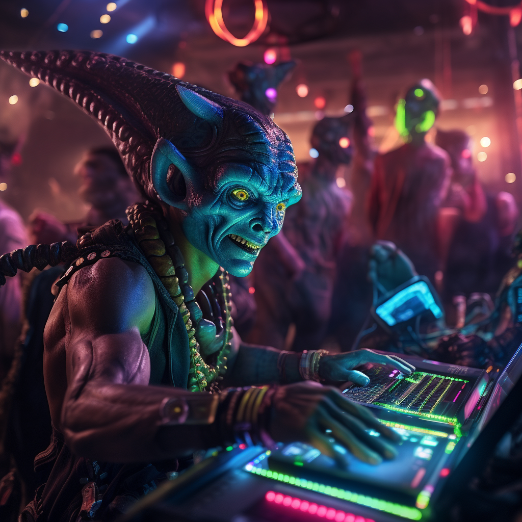 Goofy aliens DJing at rave party on Planet X