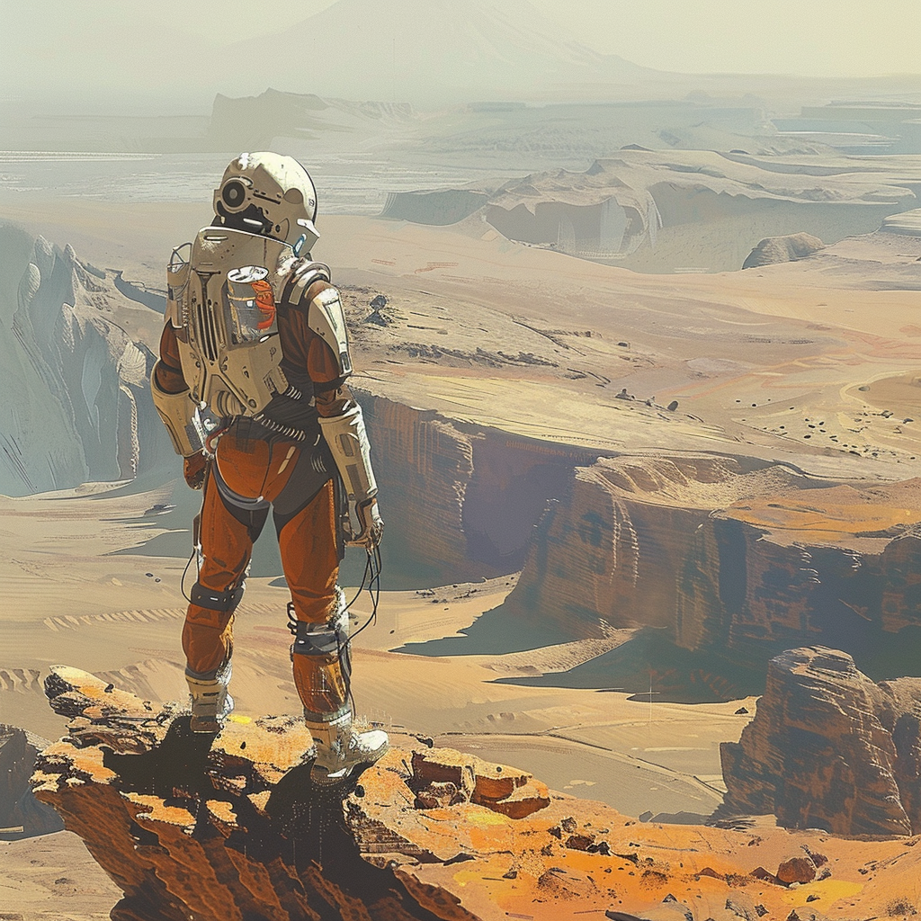 Explorer in alien planet desert