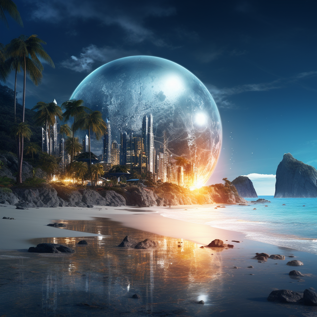 Alien planet with tropical beach and sphere buildings