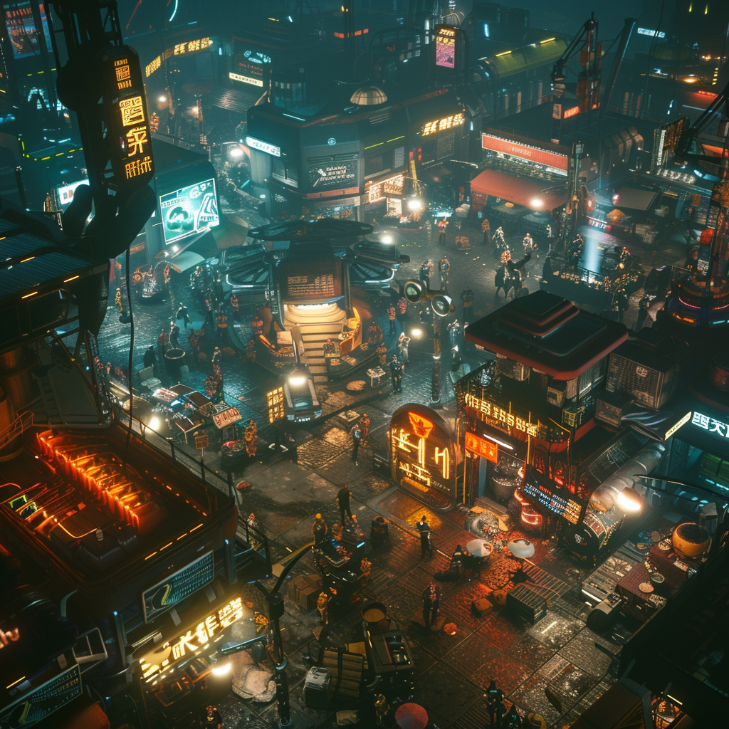 Image of crowded alien cyberpunk street