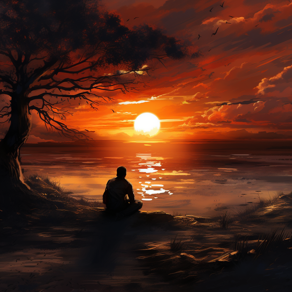 Beautiful sunset with a person alone