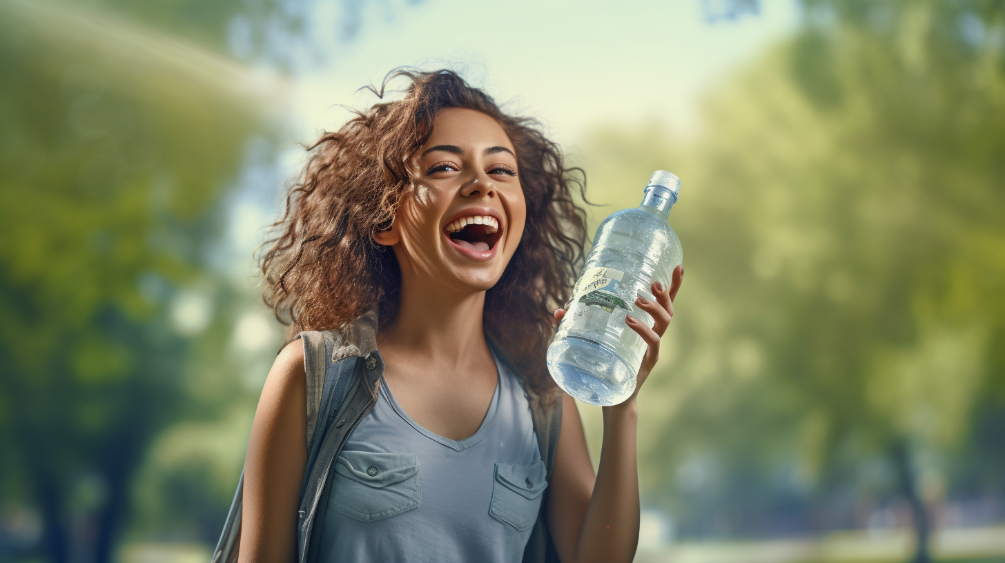 Smiling woman enjoying mineral water at the park