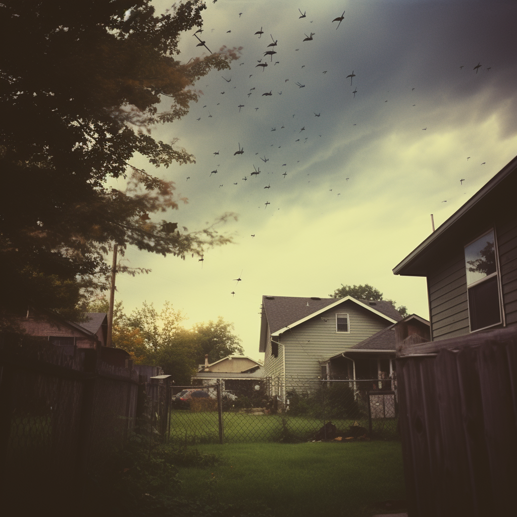 Analog photo of American backyard on a rainy day