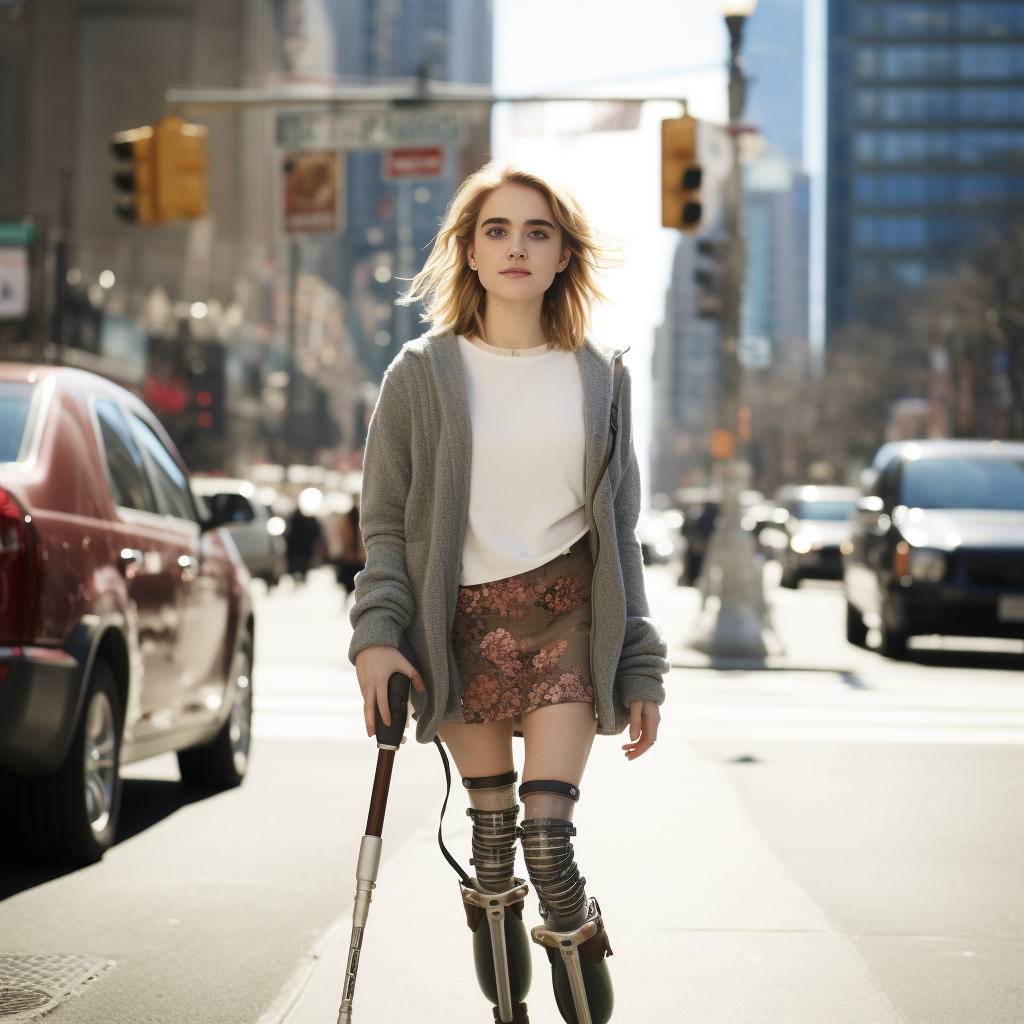 Amputee using crutches wearing high heel