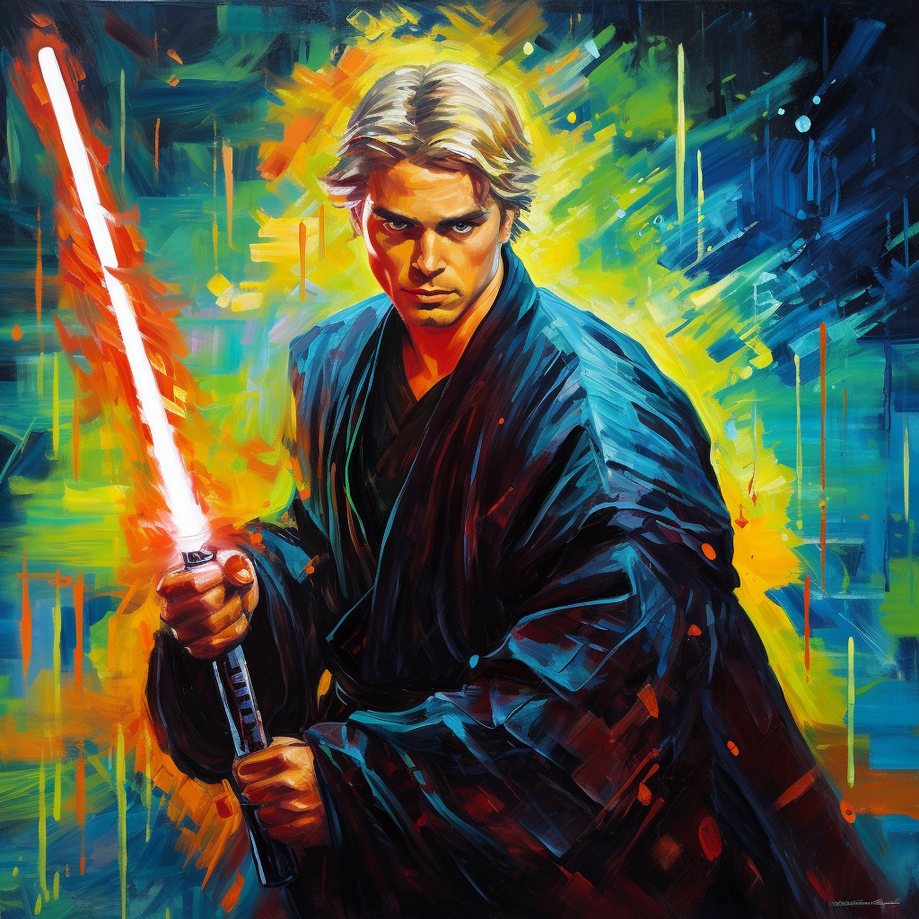 Anakin wielding lightsaber in vibrant painting