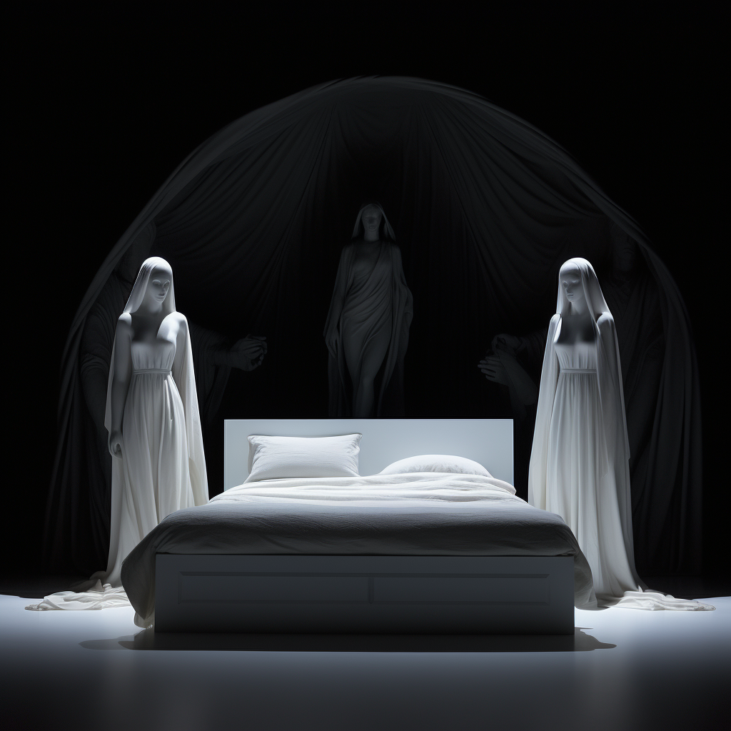 Mysterious ancestral figures surrounding a white bed