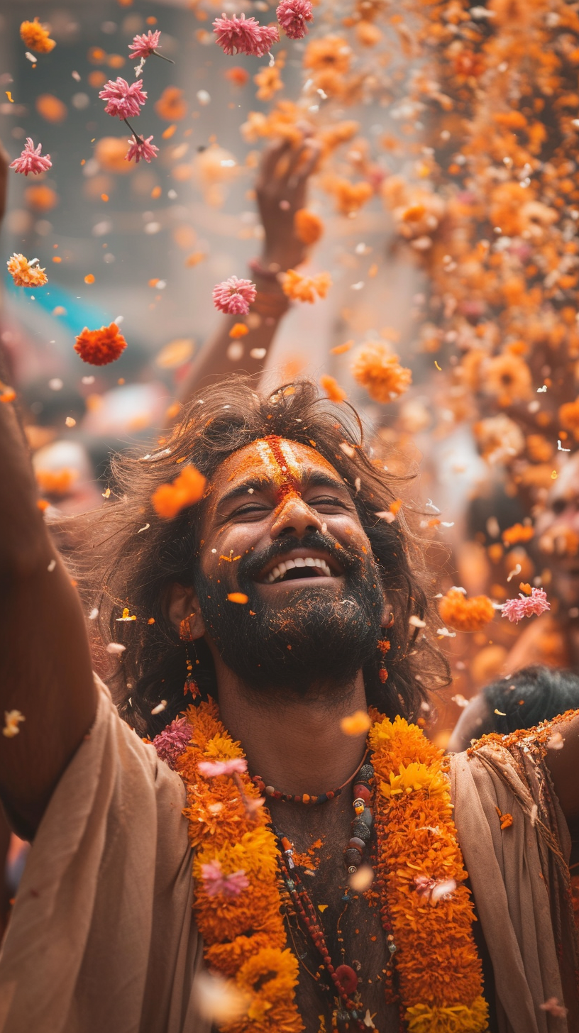 Ancient Ayodhya Celebration with Vibrant Flowers