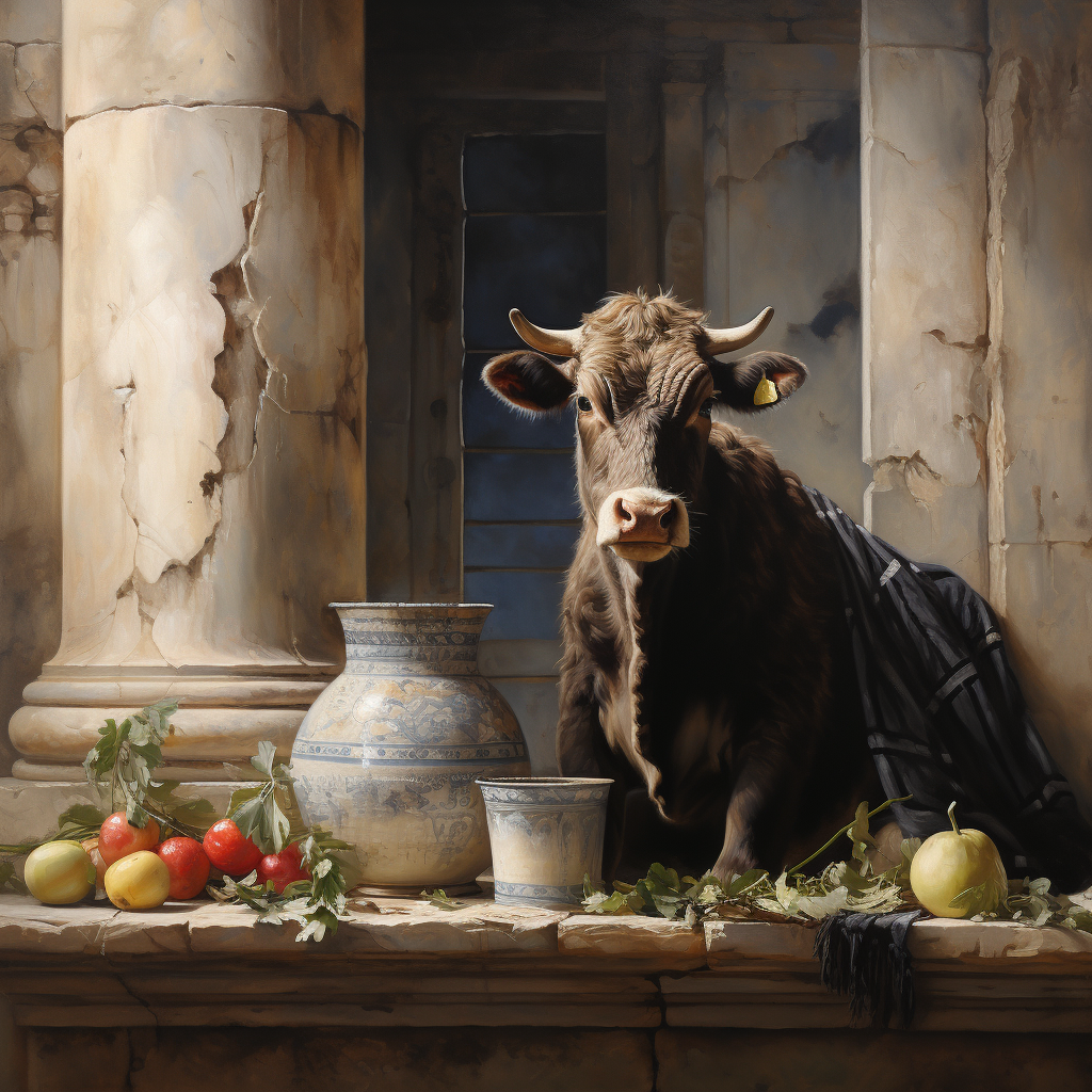 Ancient Greek Artwork featuring Cow and Glass of Milk