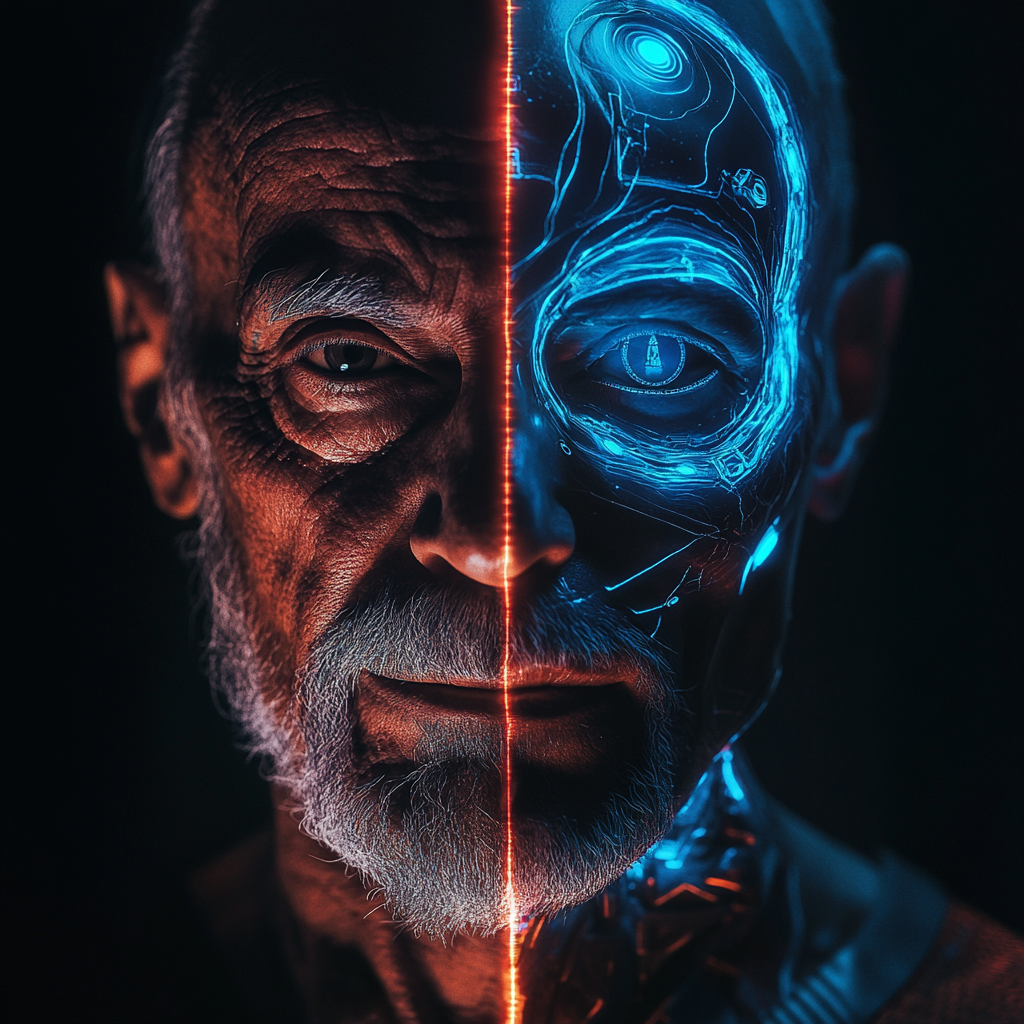 Split Image Ancient Man Cyborg