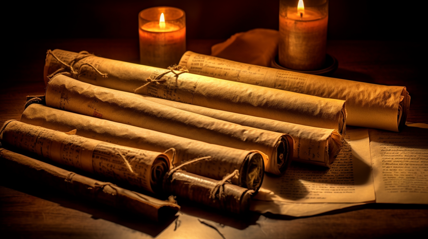 Historian's study room with ancient parchment scripts