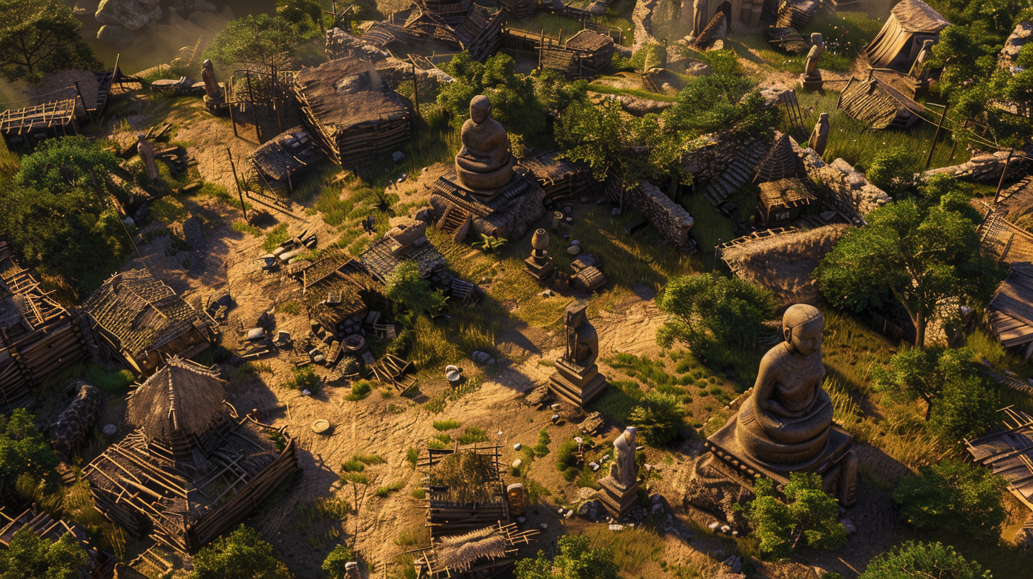 aerial view ancient village statues huts