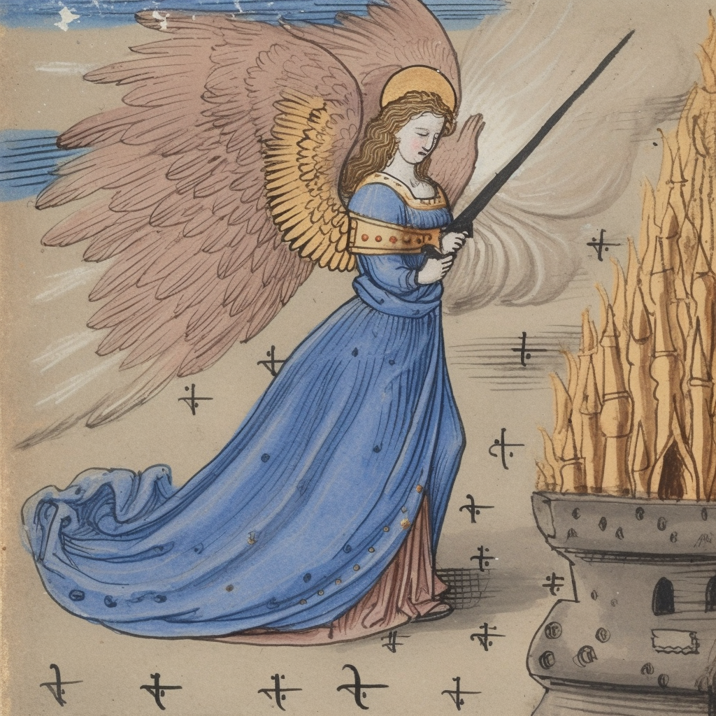 Medieval angel with sword on smoky battlefield