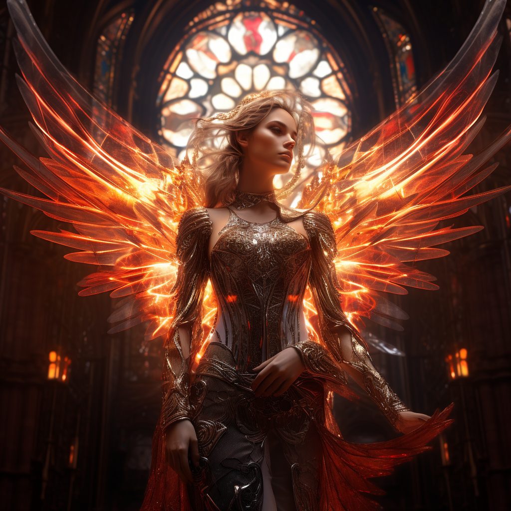 Fiery angel with steampunk wings in a neon-lit church