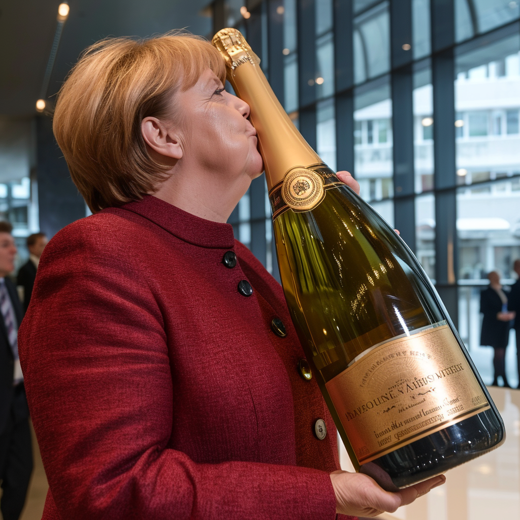 Angela Merkel kissing giant champagne bottle