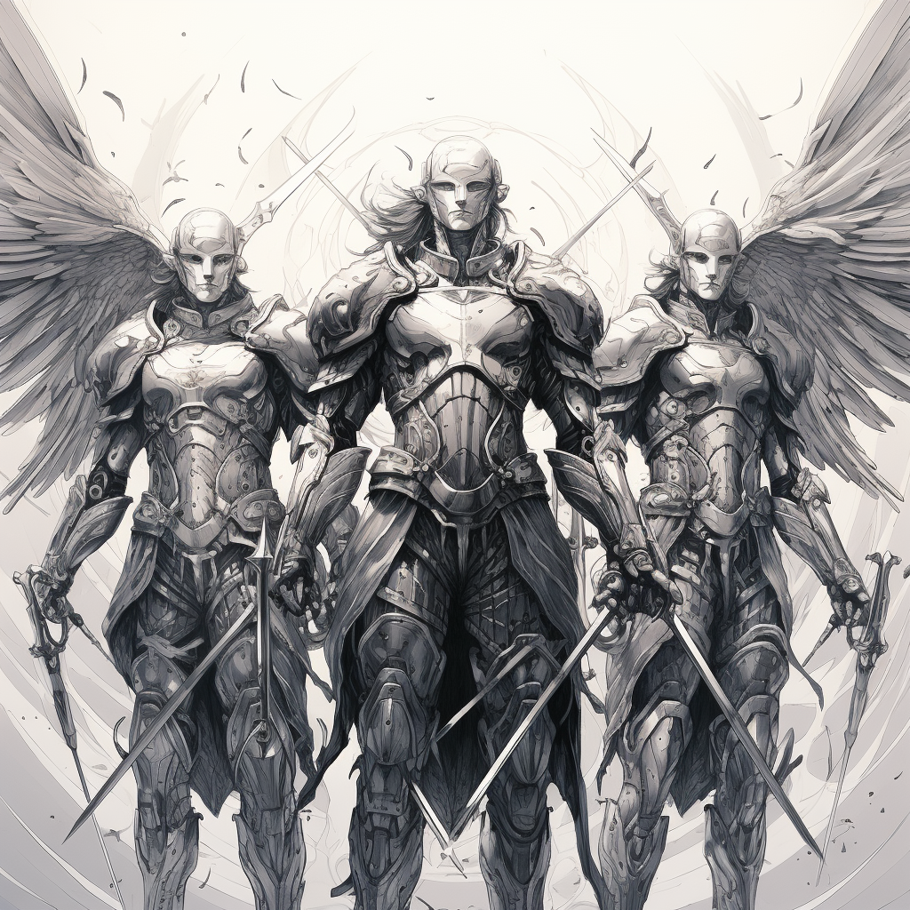 Three angels with swords battle demons