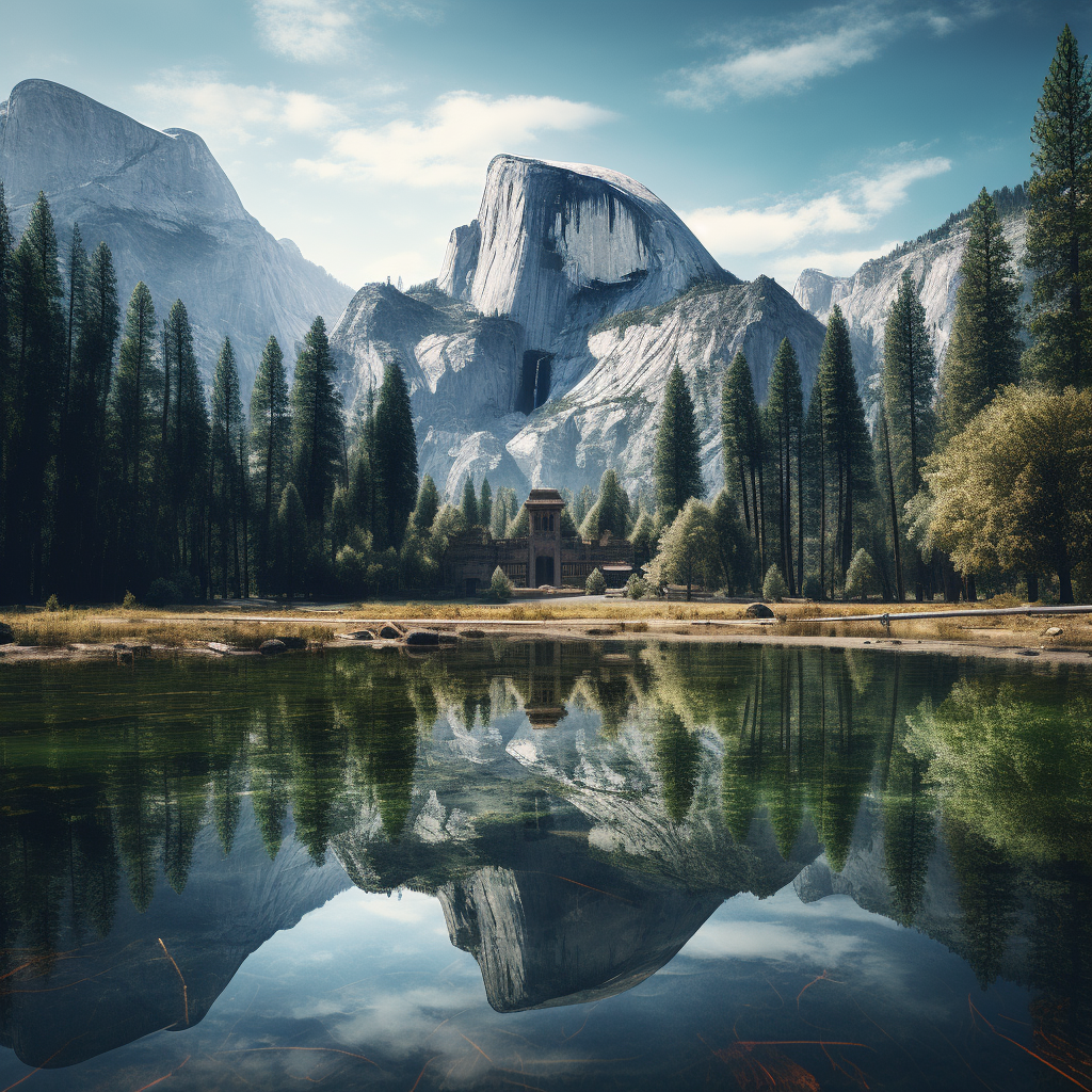 Angkor Wat temple complex in front of Yosemite Half Dome