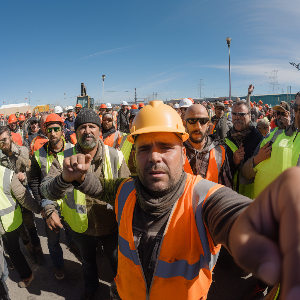 Group of Angry Construction Workers at Security Checkpoint