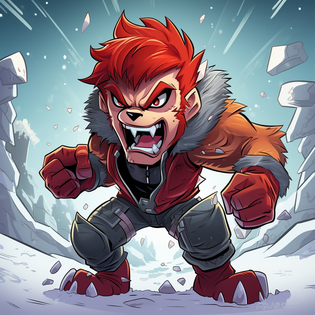 Angry werewolf with red hair in snowy surroundings