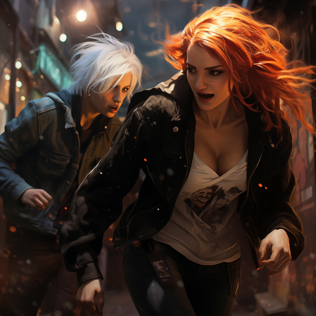 Two Angry Women Shoving in a Dark City Alleyway