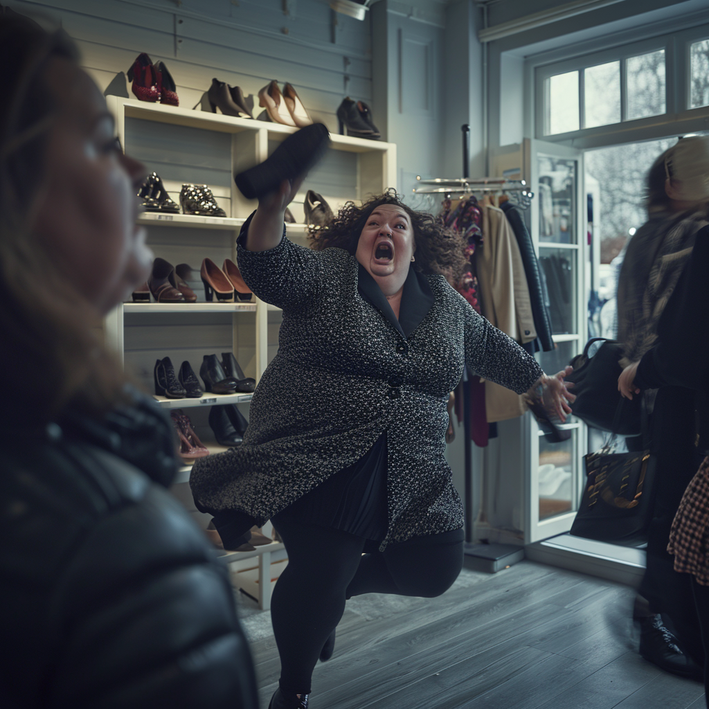 Angry woman throwing shoes at employee