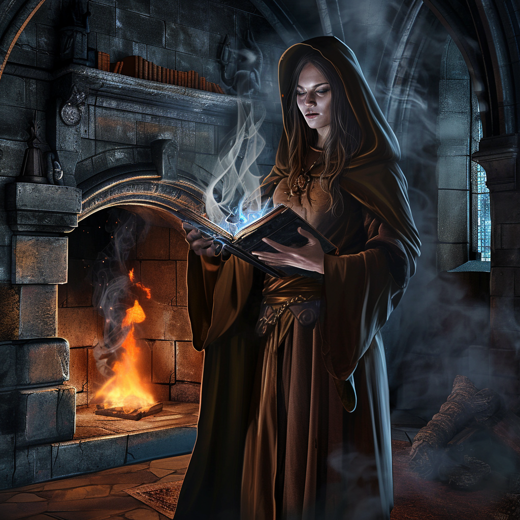 Angry woman casting spell in gothic castle