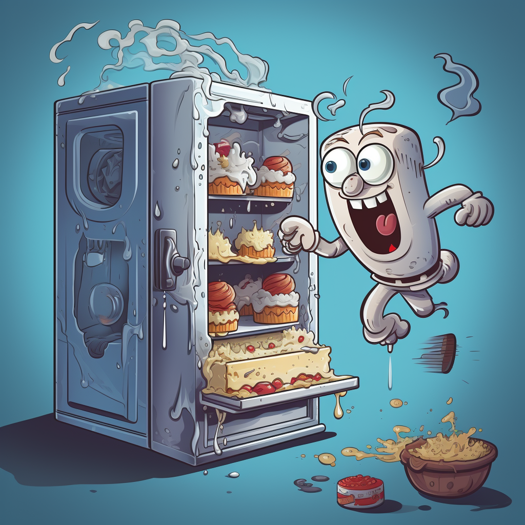 Animated fridge chasing cheesecake cartoon