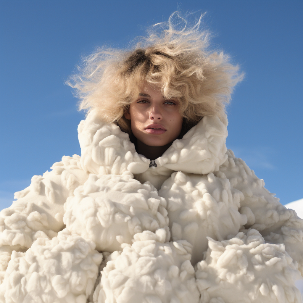 Blond climber conquering snowy mountains