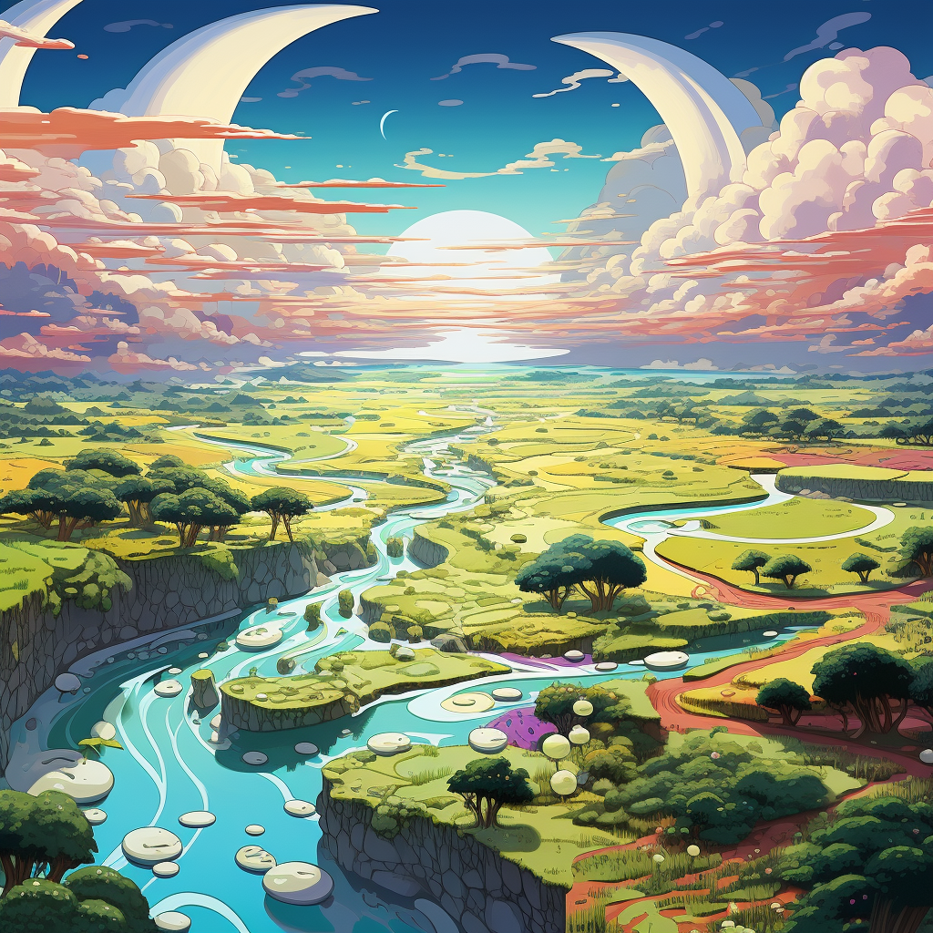 Anime Style Landscape with Alien Creatures Grazing